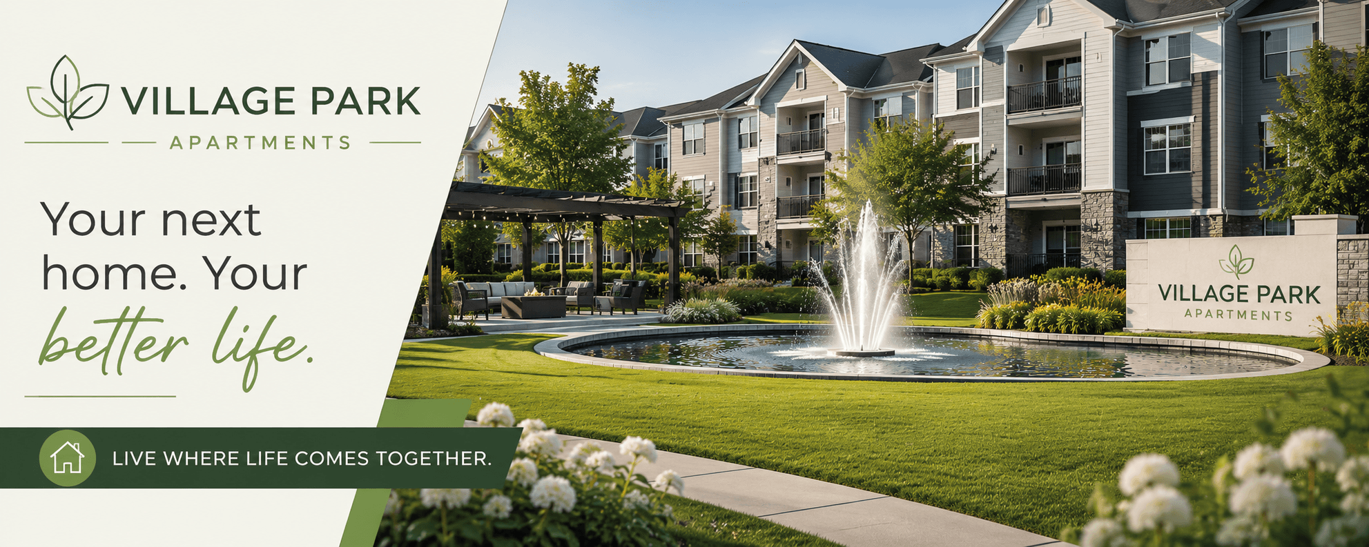 A promotional image for Village Park Apartments showcasing a beautiful outdoor area with a fountain.